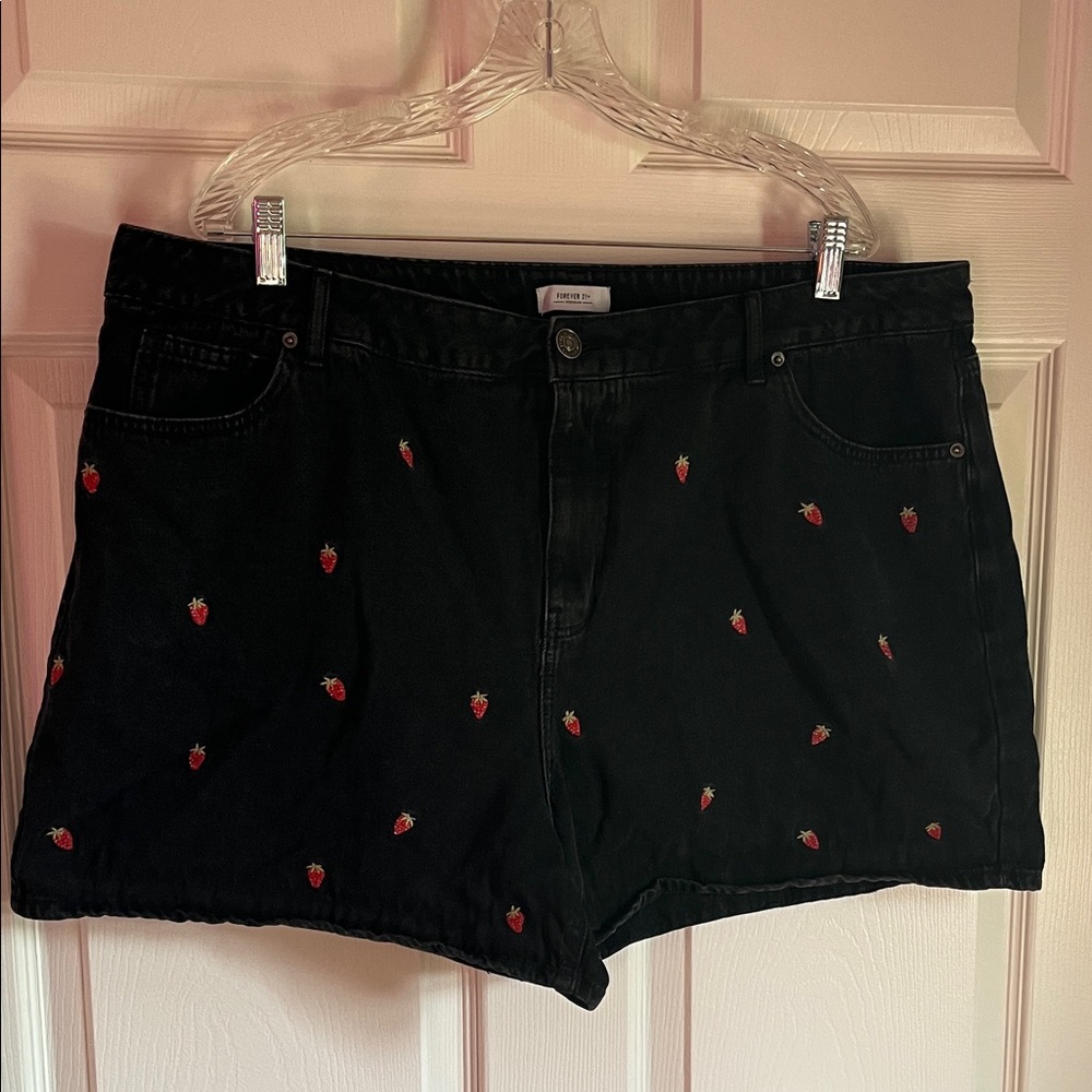 SOLD Forever 21 Black Jean Shorts with Strawberry Embroidery